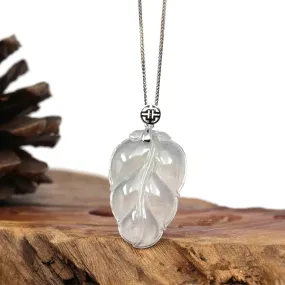 Genuine Ice Jadeite Jade Jin Zhi Yu Ye (Leaf) Necklace With White Gold Bail