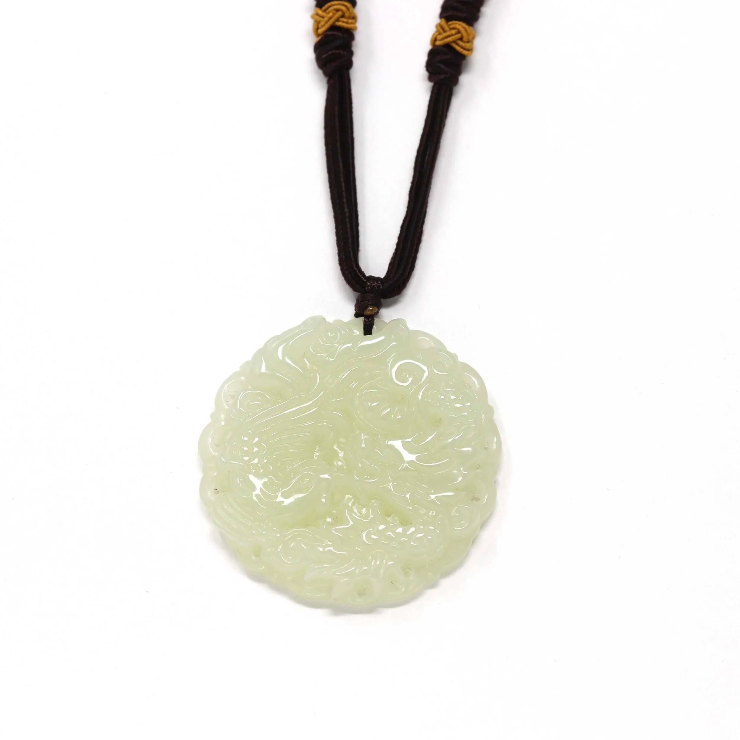 Genuine White Nephrite Jade Dragon & Phoenix Pendant Necklace