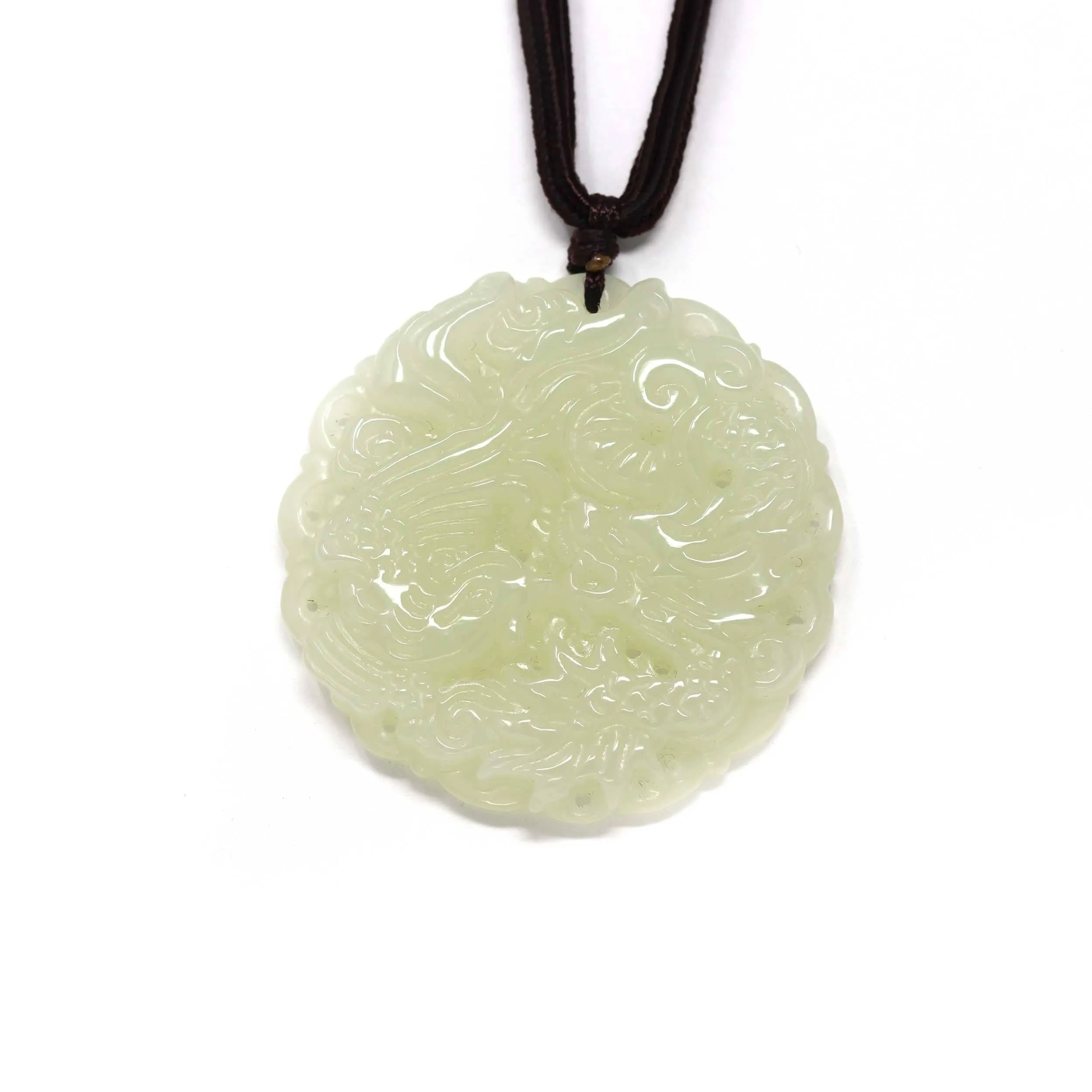 Genuine White Nephrite Jade Dragon & Phoenix Pendant Necklace