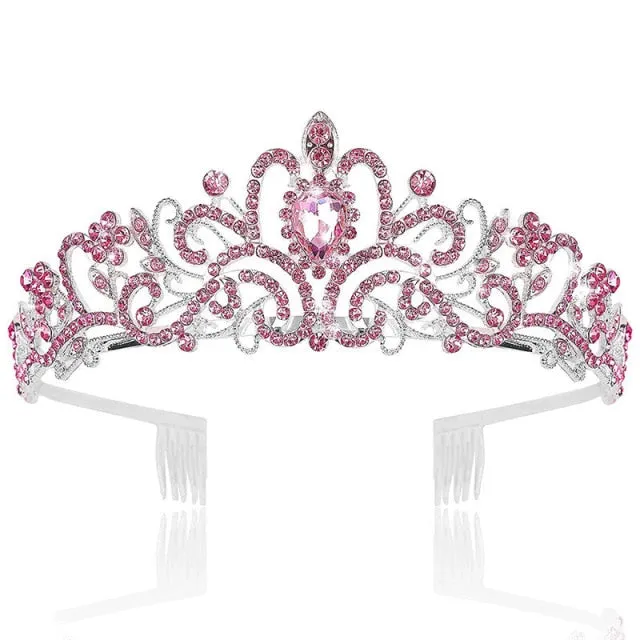 Girls Baroque Pink Crystal Crown Princess Bridal Tiaras in 7 Colors