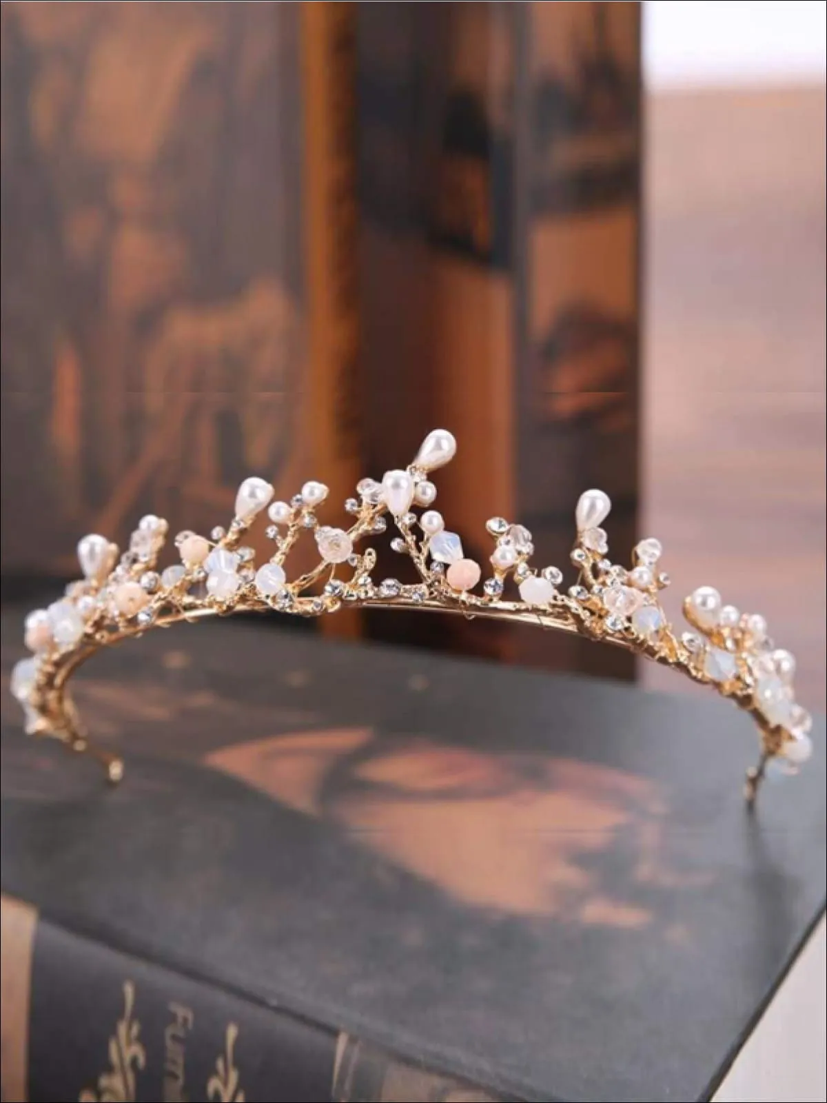 Girls Gold Pearl Rhinestone Tiara