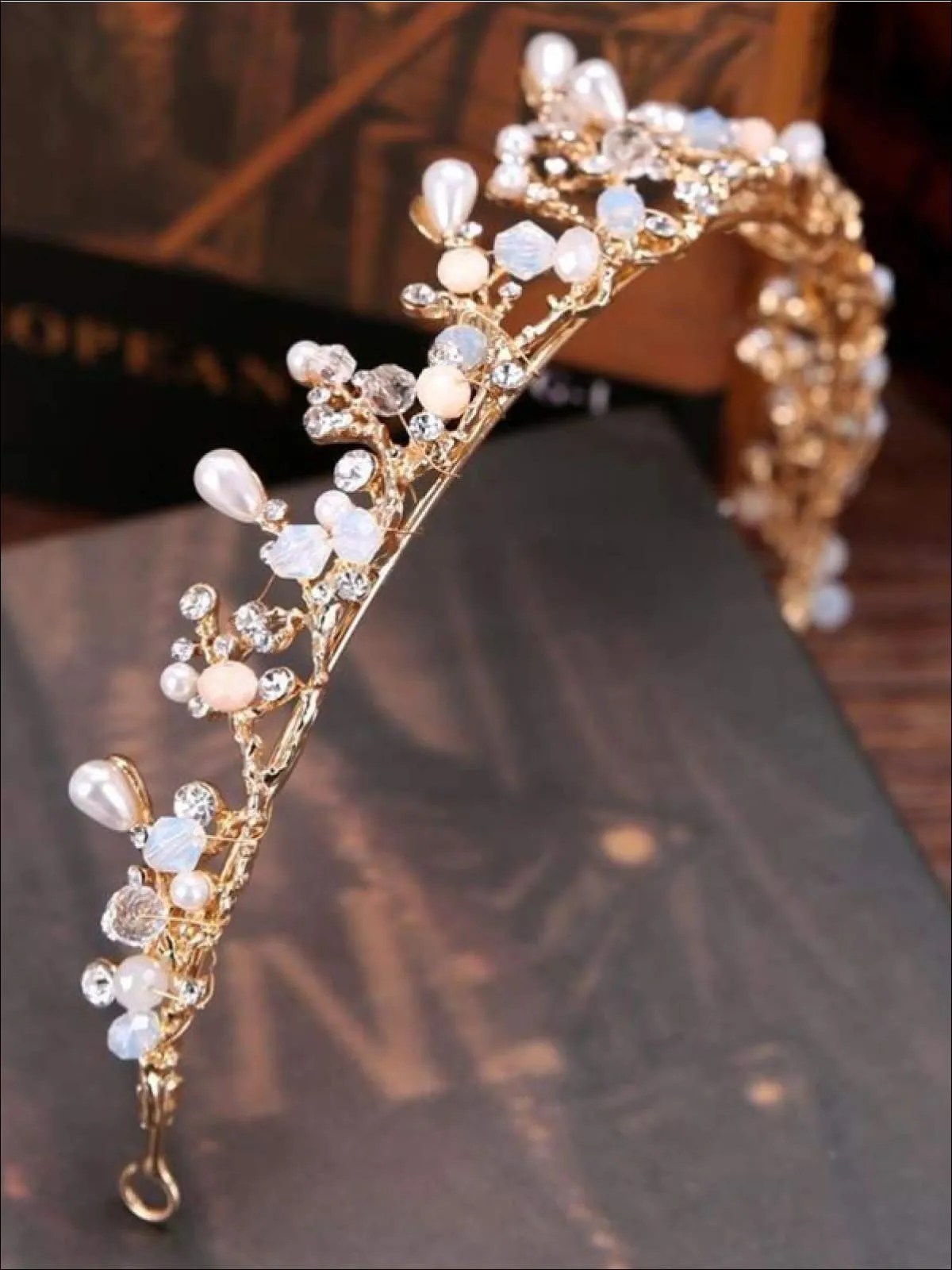 Girls Gold Pearl Rhinestone Tiara