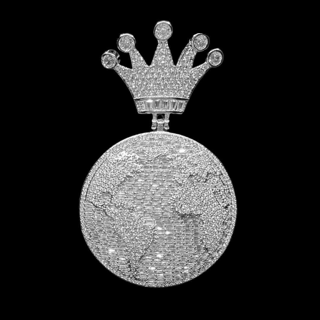 Globe World Crown Bail Iced Out Diamond Pendant Necklace