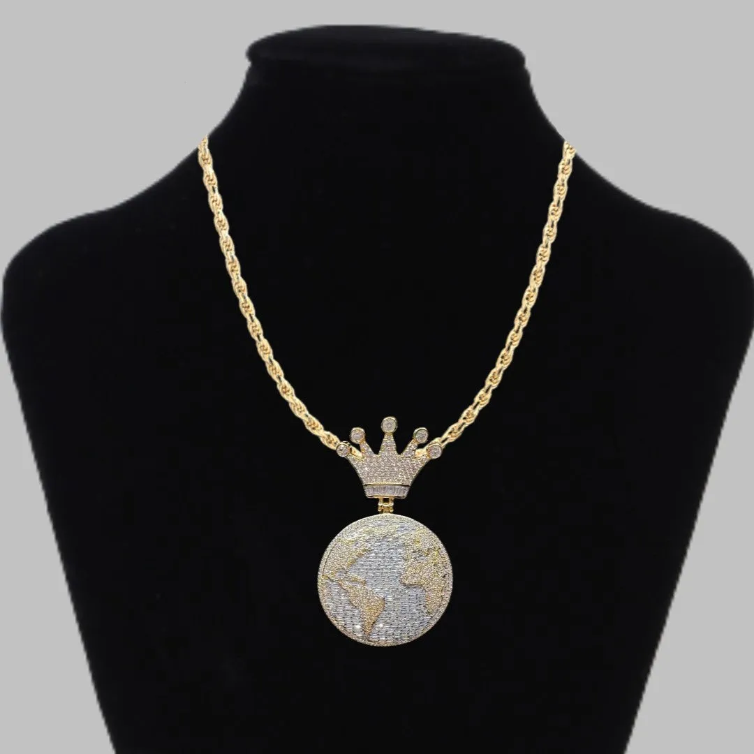 Globe World Crown Bail Iced Out Diamond Pendant Necklace