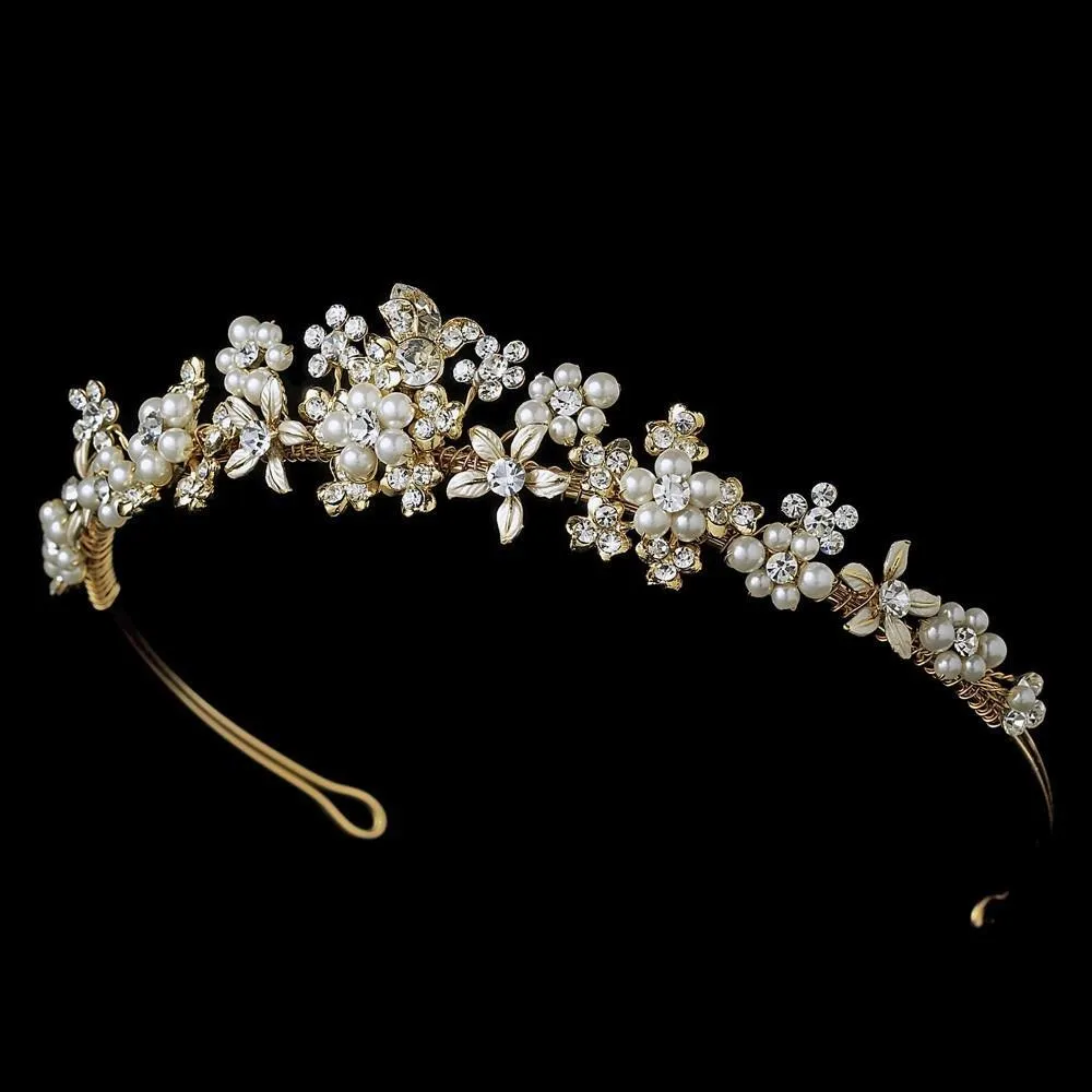 Gold & Ivory Pearl Floral Bridal Tiara