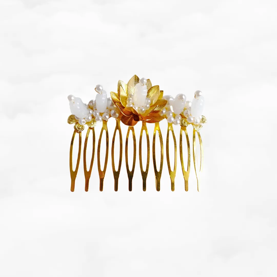 Gold and White Lotus Tiara Comb