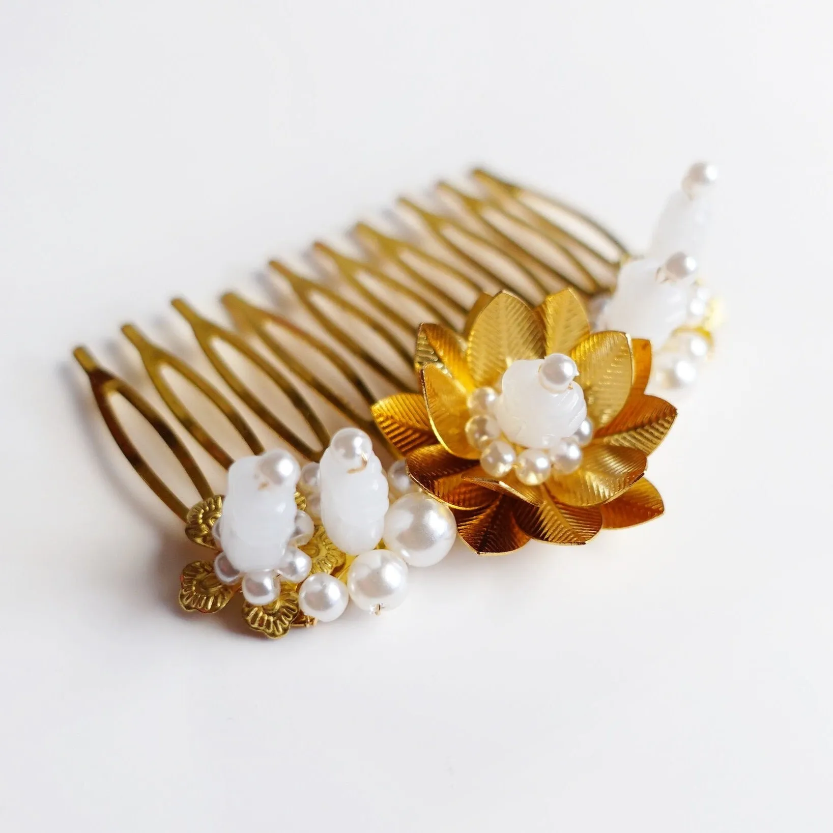 Gold and White Lotus Tiara Comb