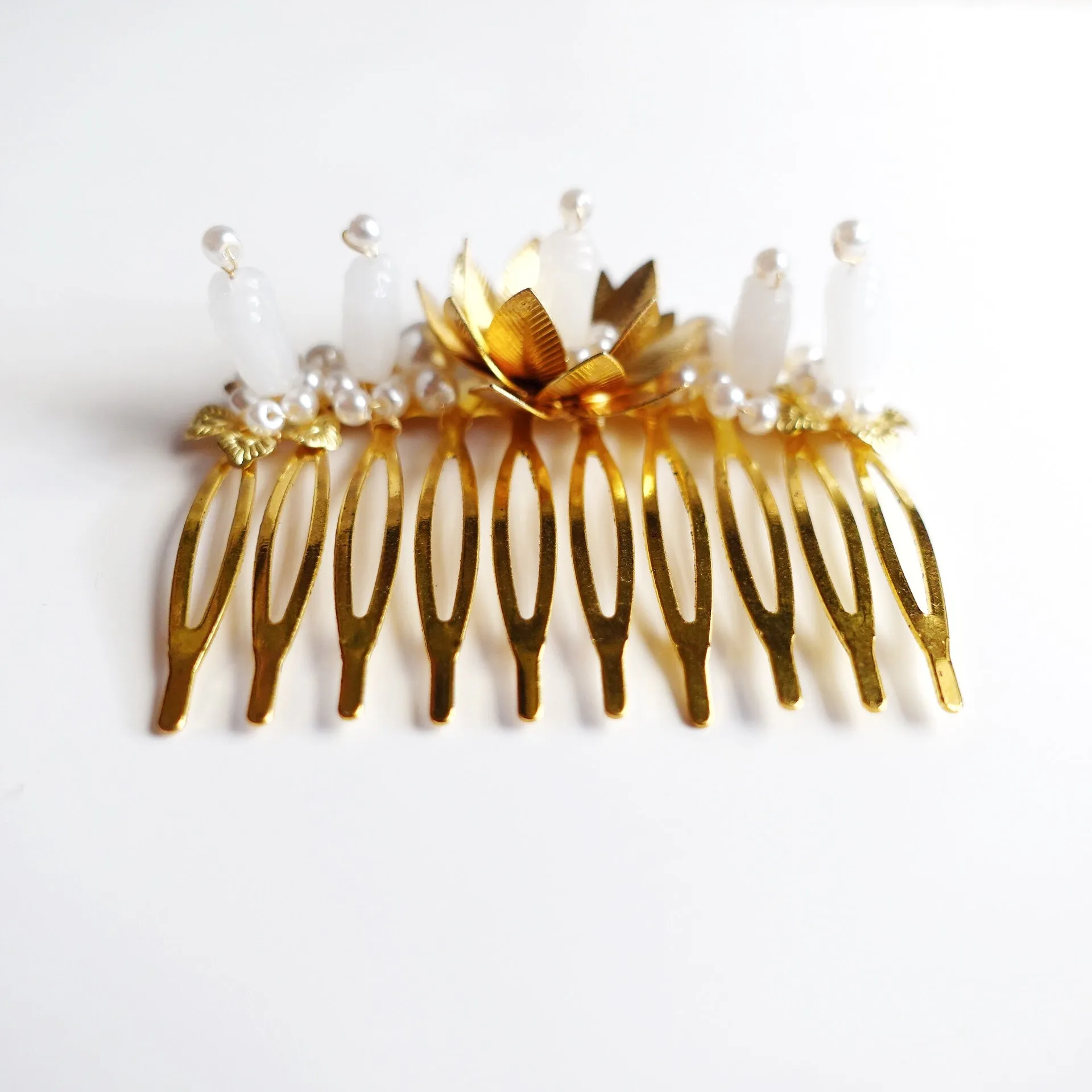 Gold and White Lotus Tiara Comb