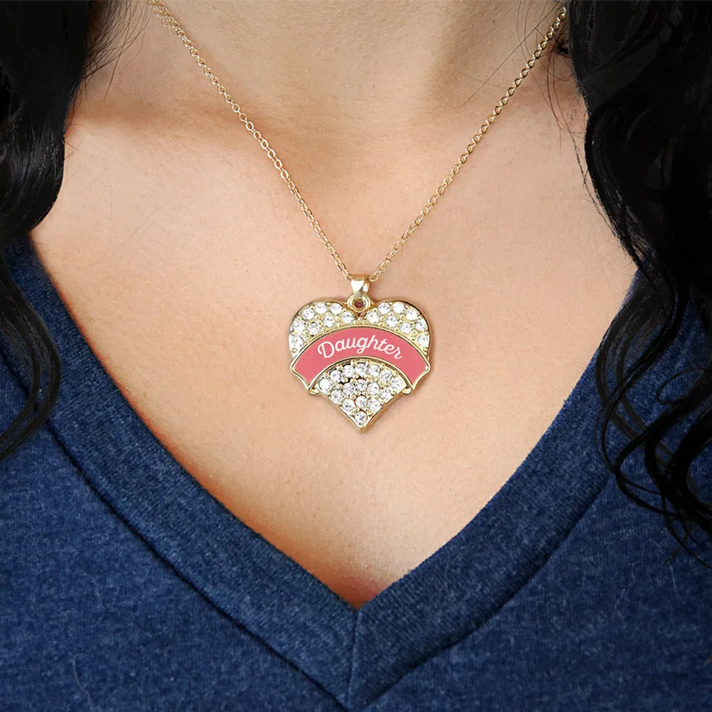 Gold Coral Daughter Pave Heart Charm Classic Necklace