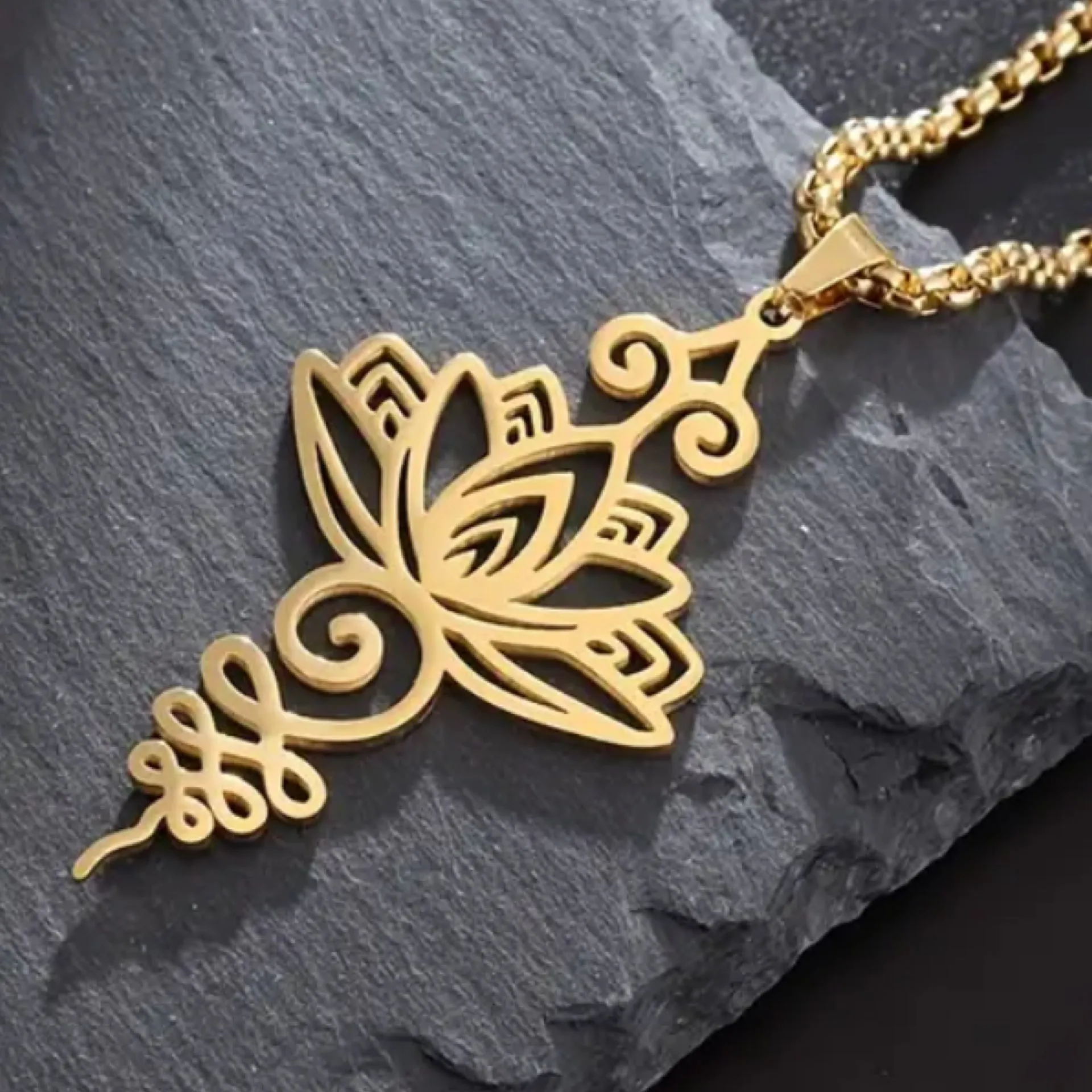 Gold Cutout Lotus Flower Pendant Necklace