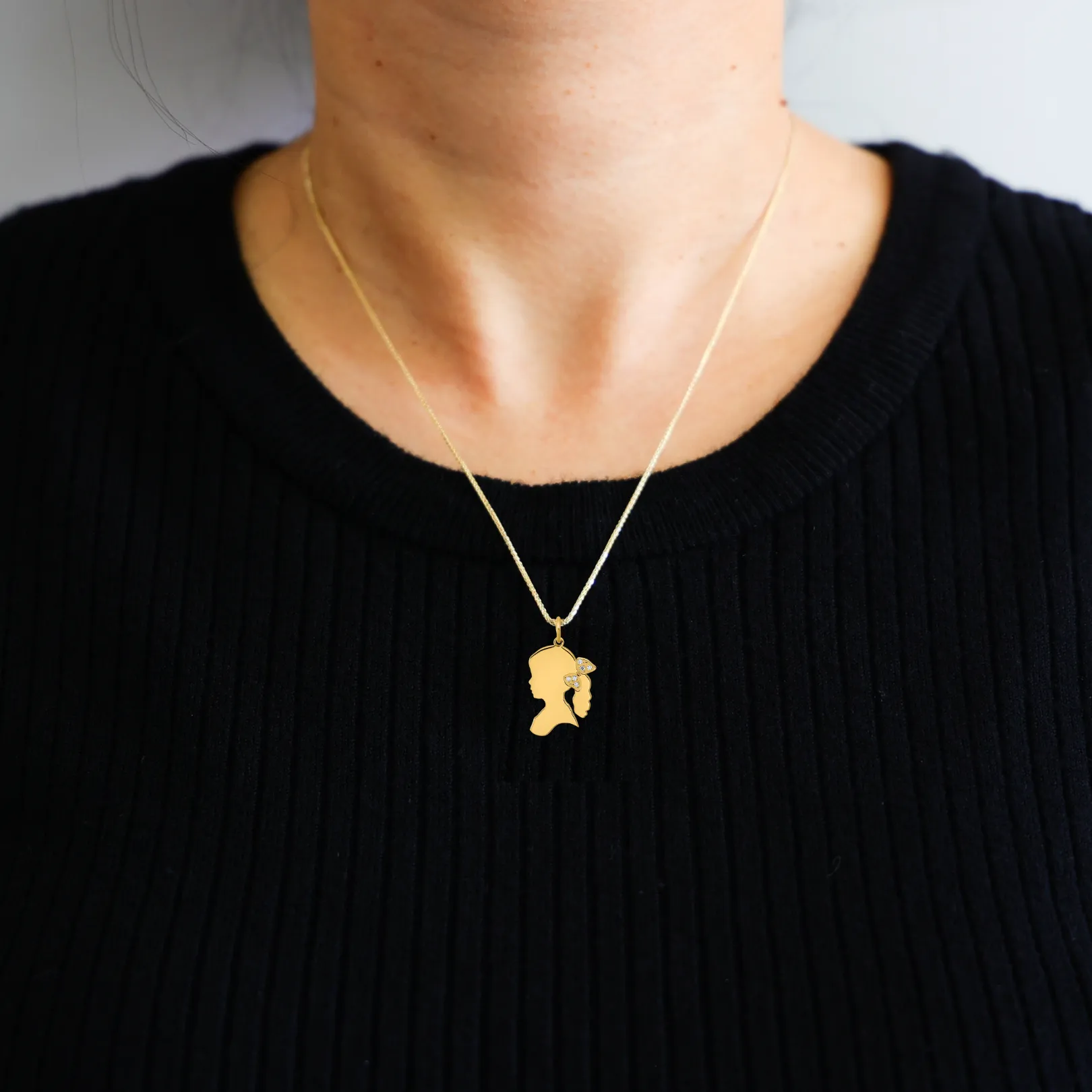 Gold Girls Silhouette with Diamond Bow Charm Necklace - Model XNA1475Y