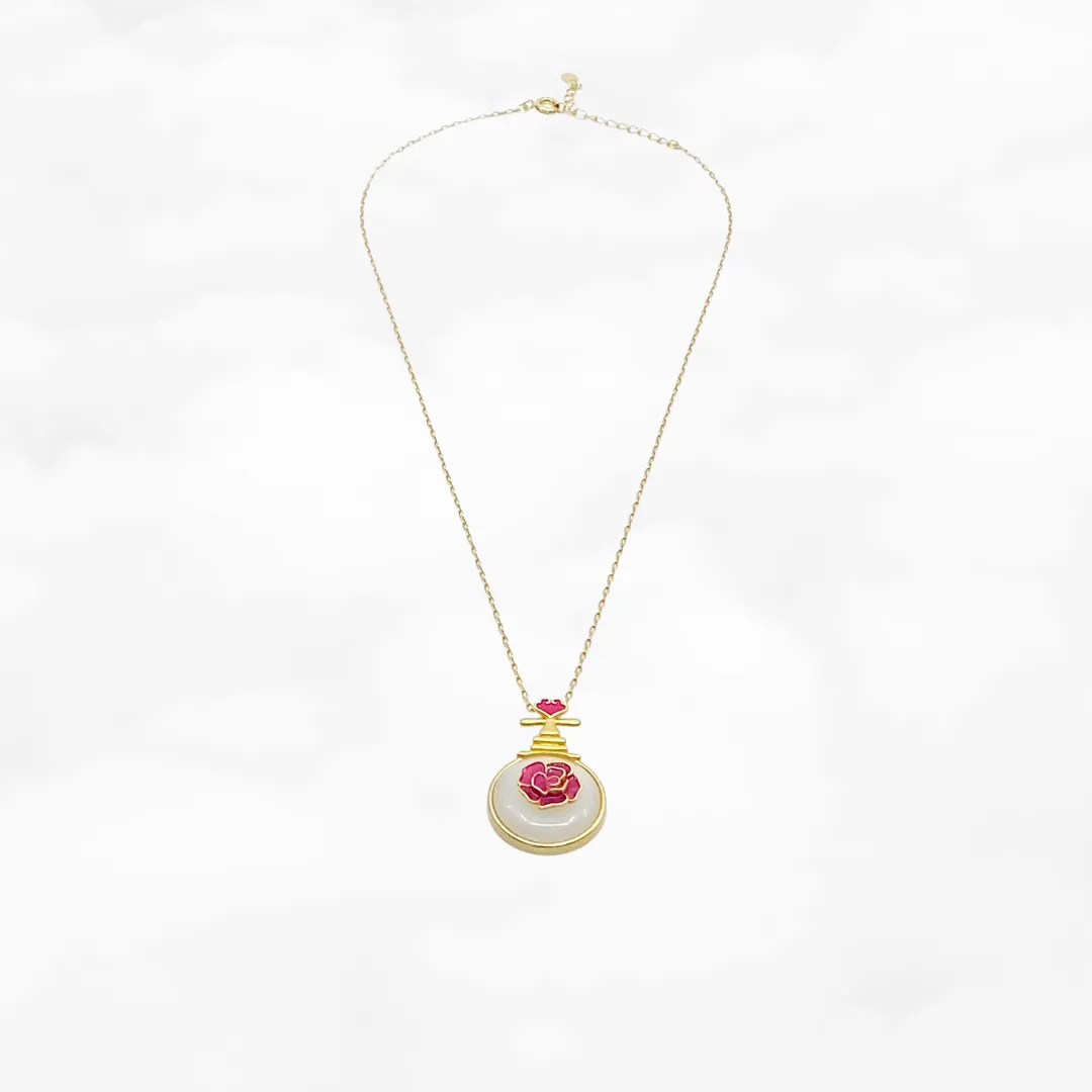 Gold Pipa Enamel Hetian White Jade Necklace