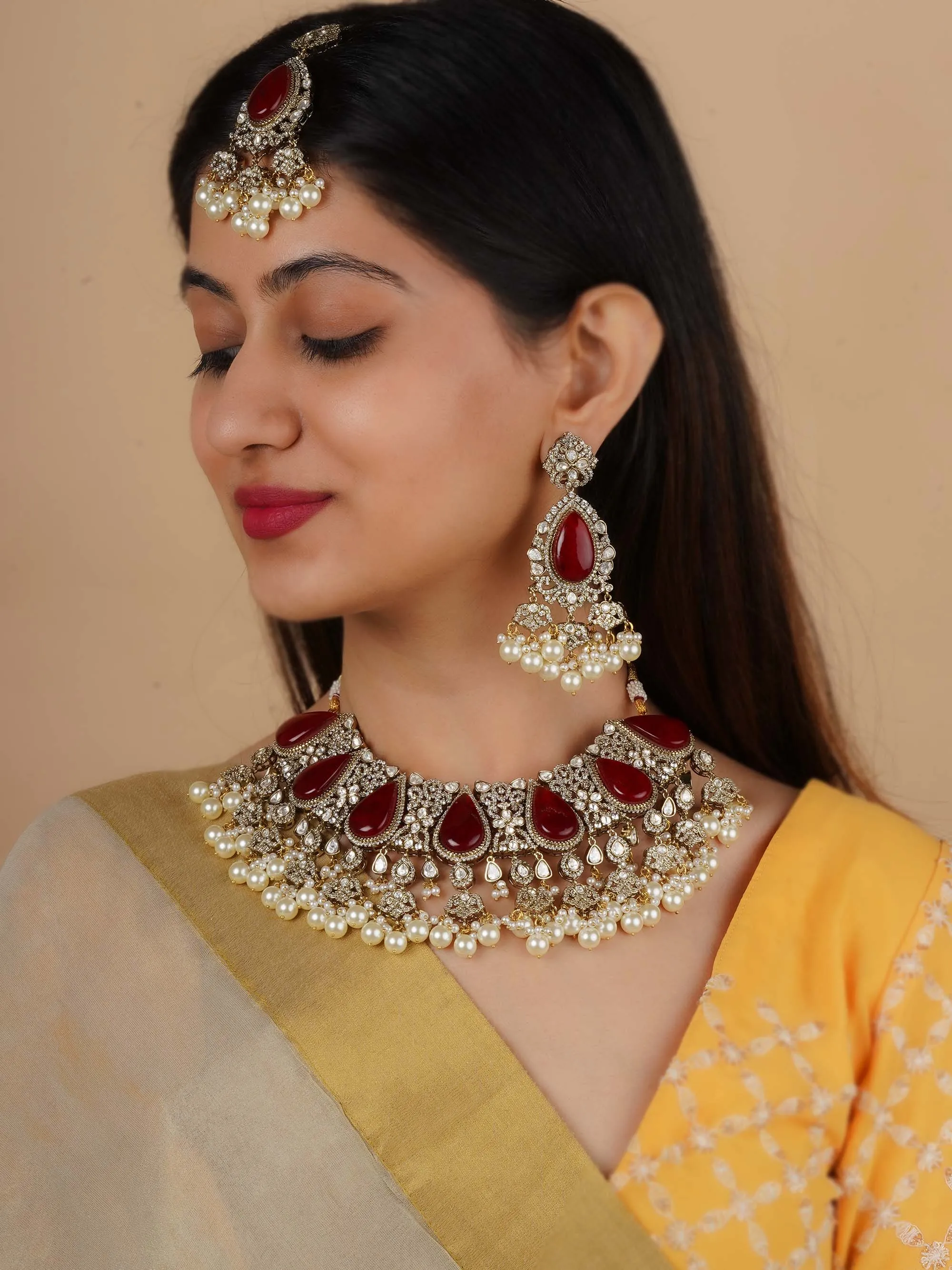 Gold Plated Faux Polki Bridal Necklace Set - PK-S195