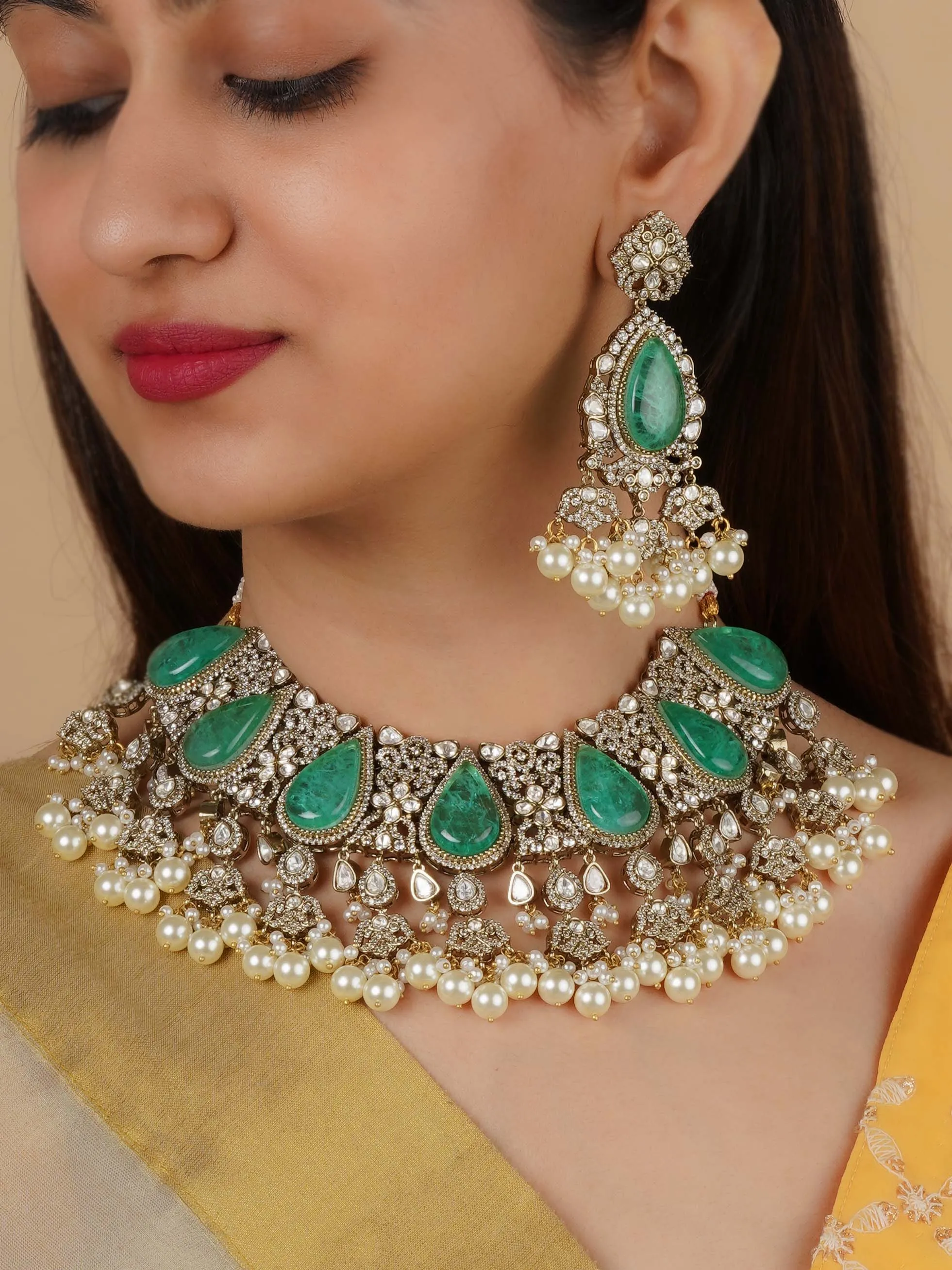 Gold Plated Faux Polki Bridal Necklace Set - PK-S195