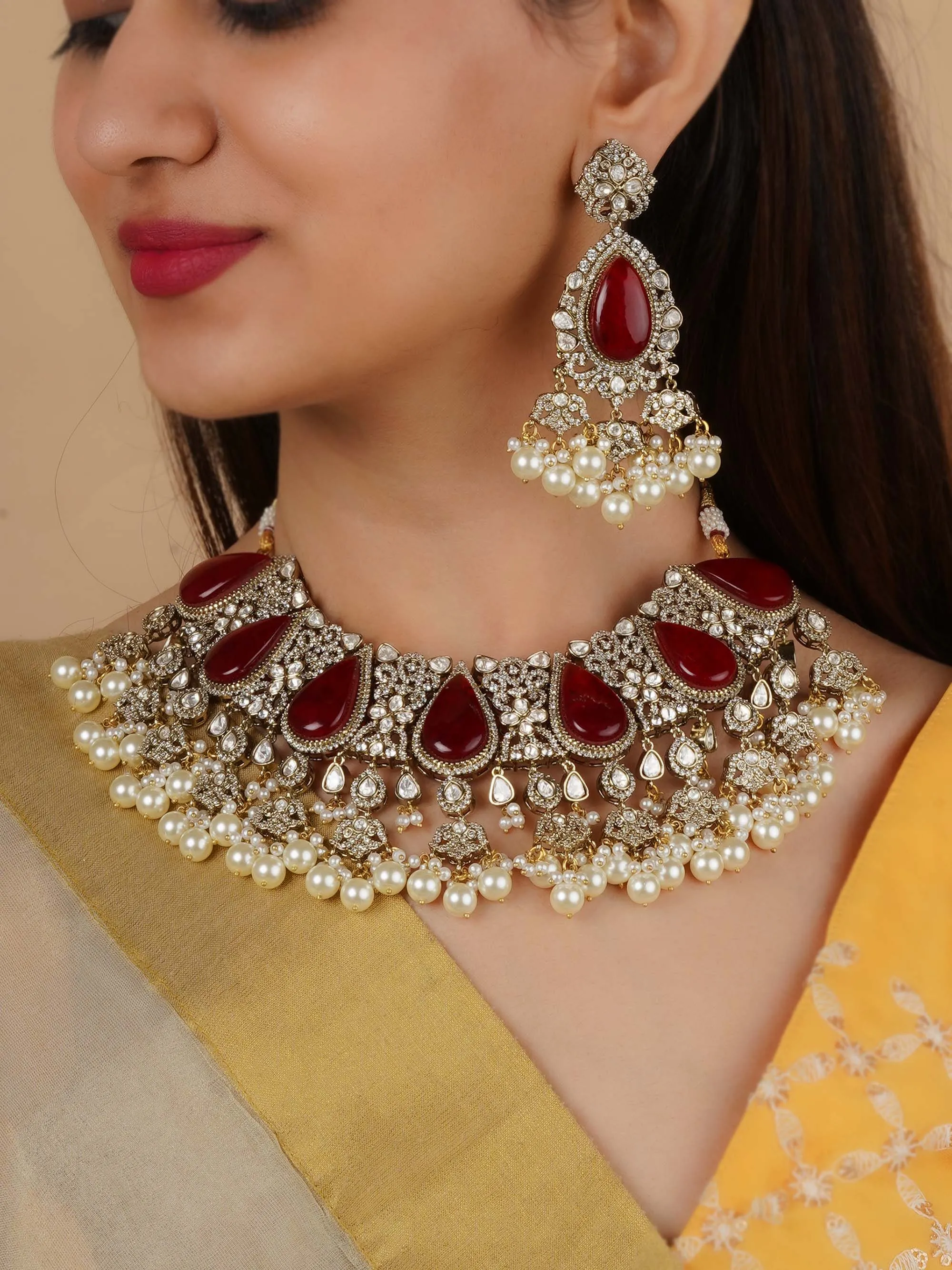 Gold Plated Faux Polki Bridal Necklace Set - PK-S195