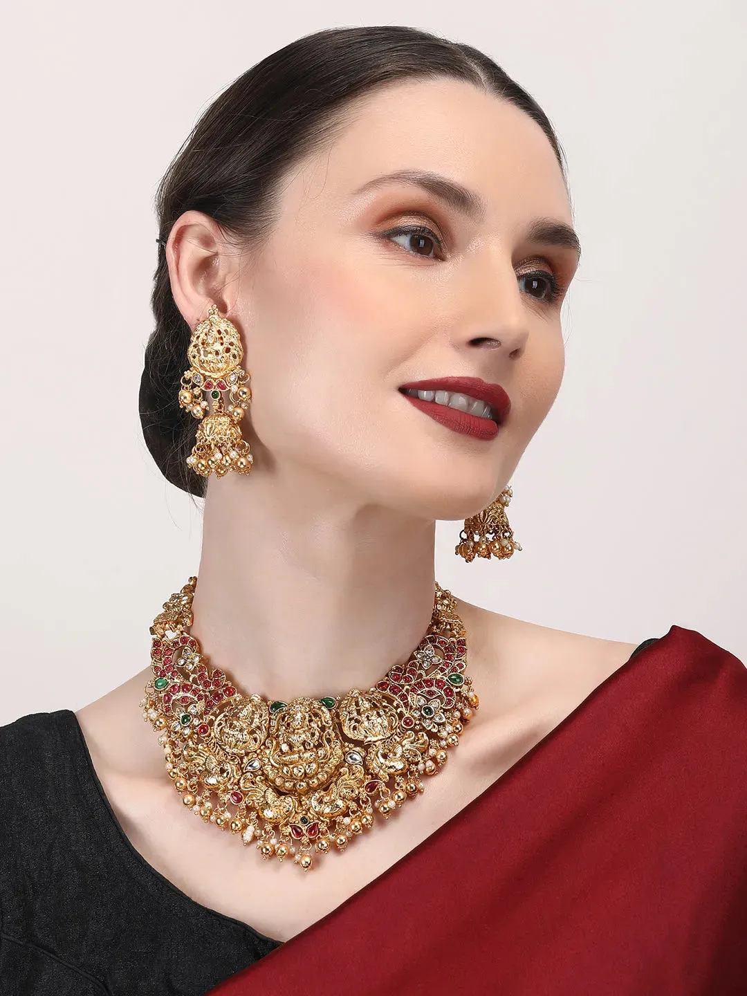 Gold Plated Temple Necklace Set With Jhumkas