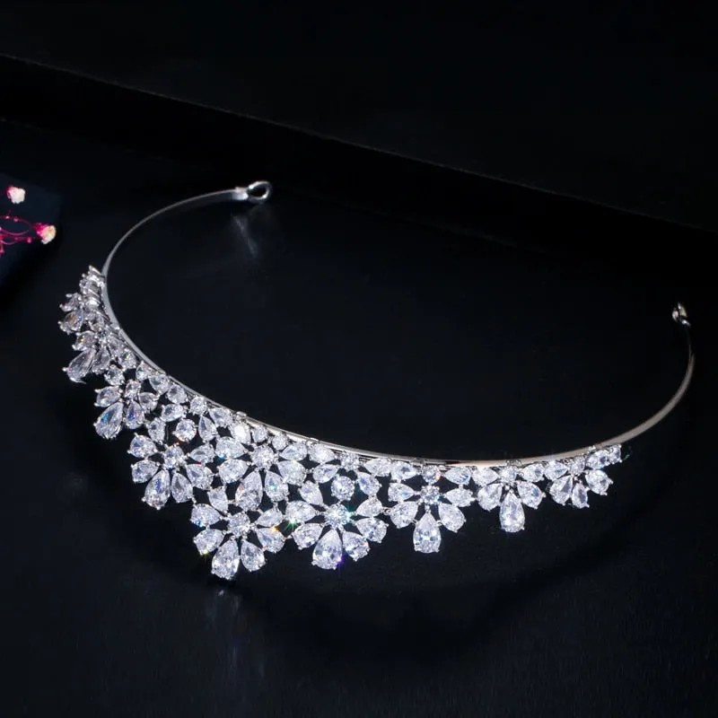 Gorgeous Cubic Zirconia Pave Flower Wedding Headband Tiara Crown