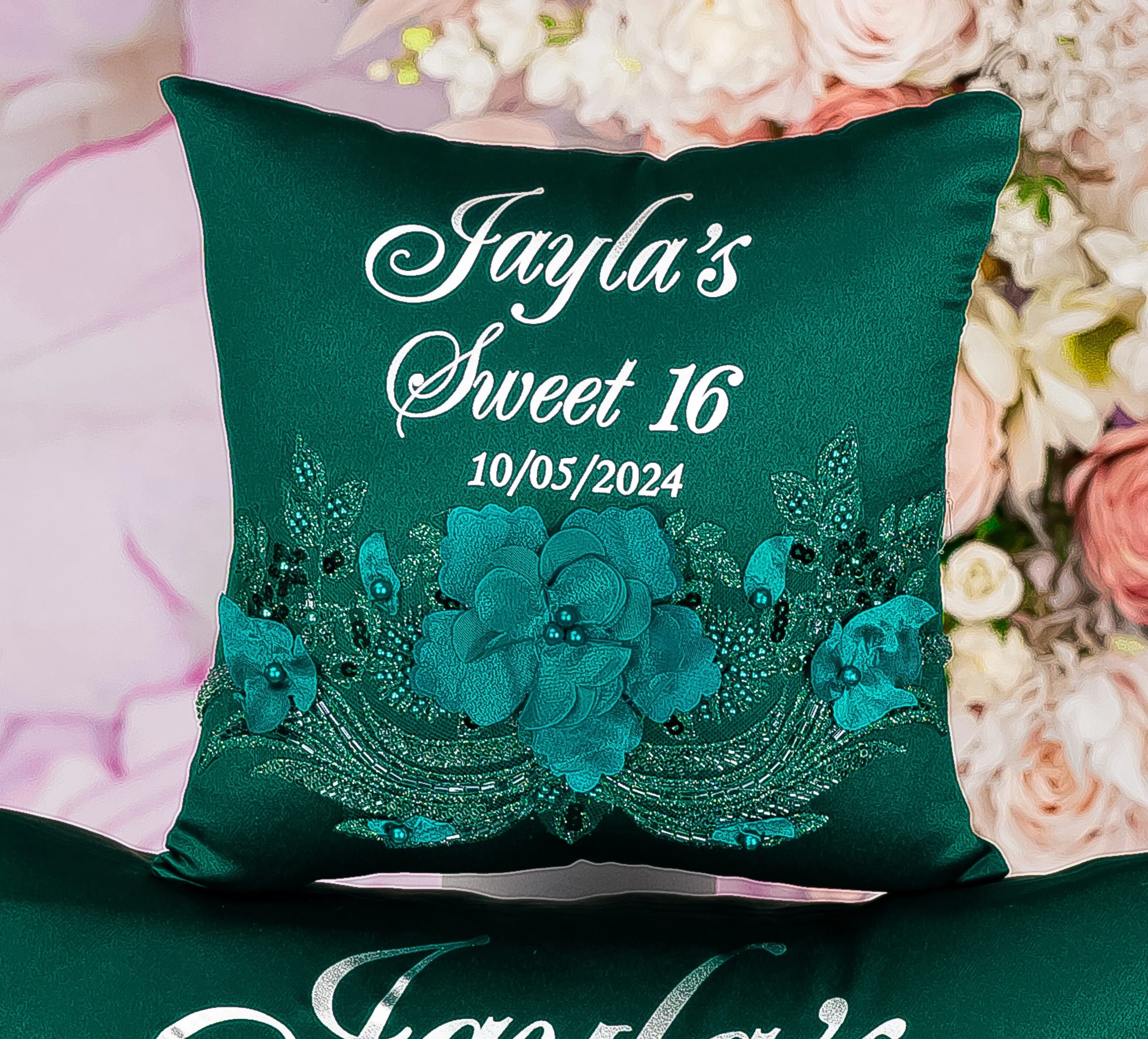 Green and Silver quinceanera tiara pillow