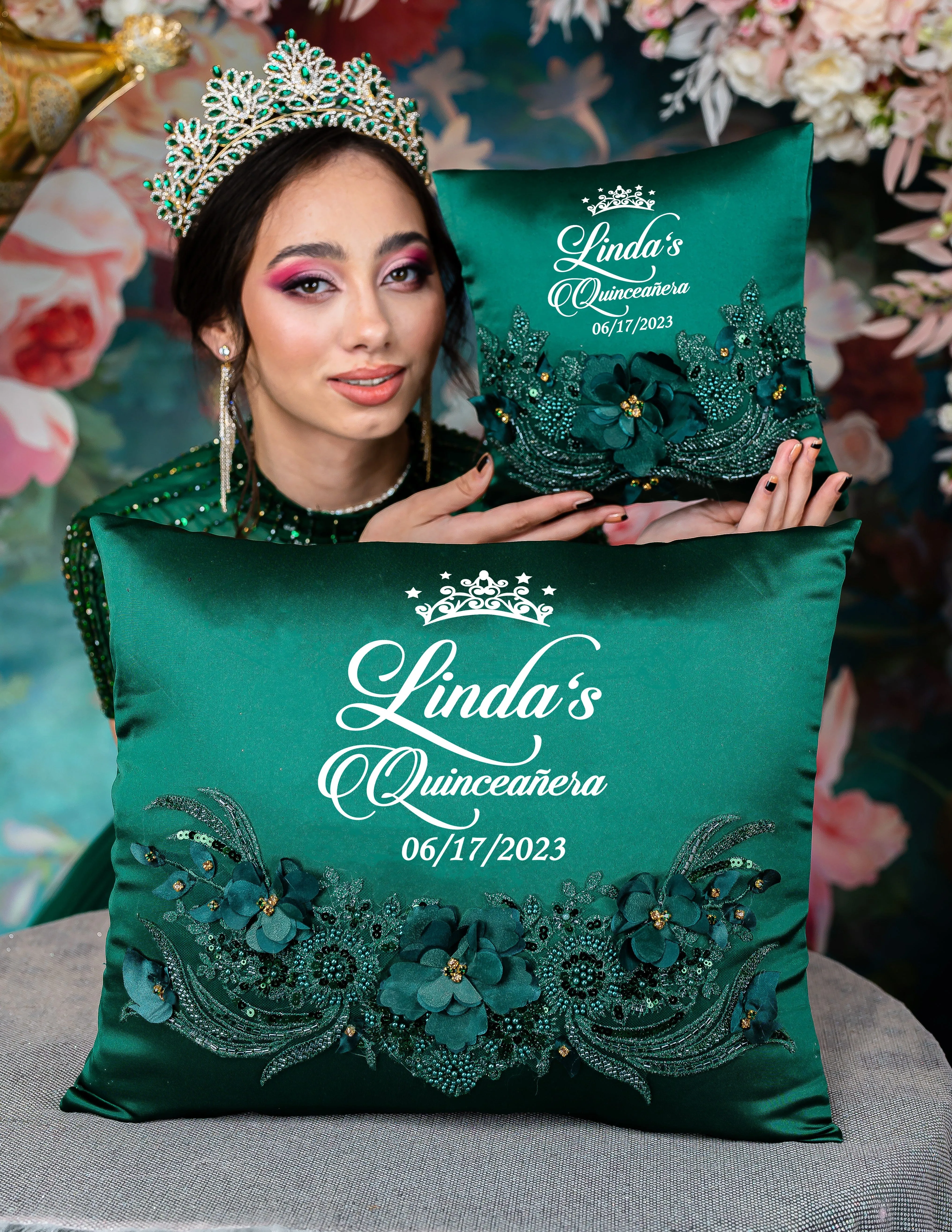 Green and Silver quinceanera tiara pillow