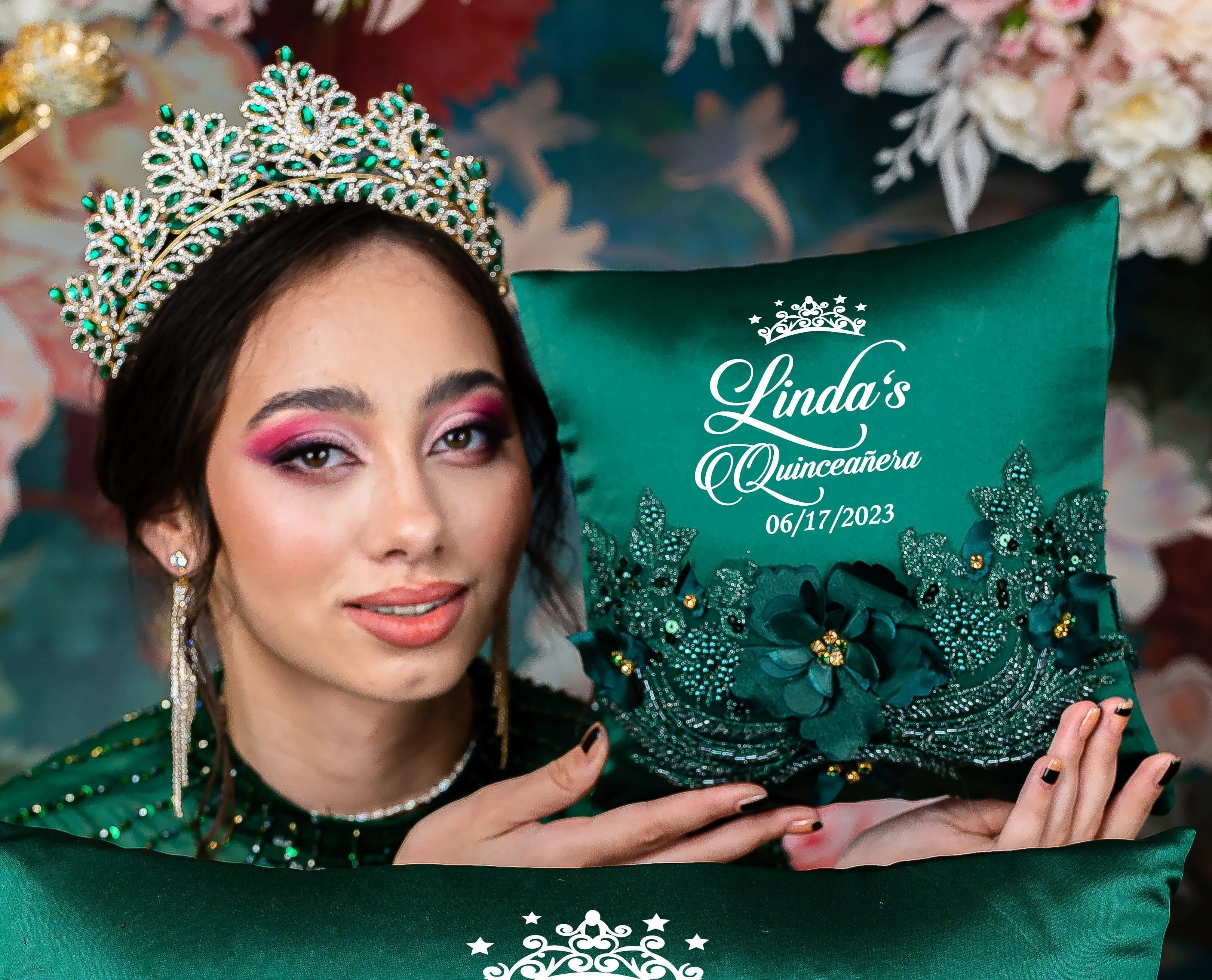 Green and Silver quinceanera tiara pillow