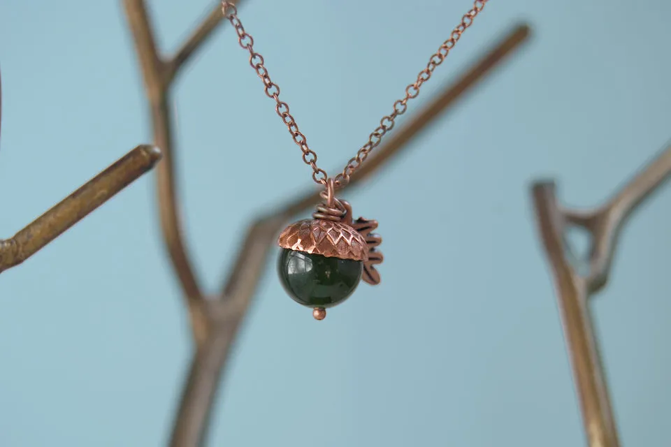 Green Jade and Copper Acorn Necklace | Cute Nature Acorn Charm Necklace | Forest Acorn Necklace | Woodland Gemstone Acorn | Nature Jewelry