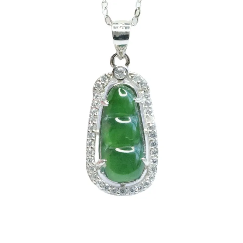 Green Jade Bean Pendant Necklace in Sterling Silver