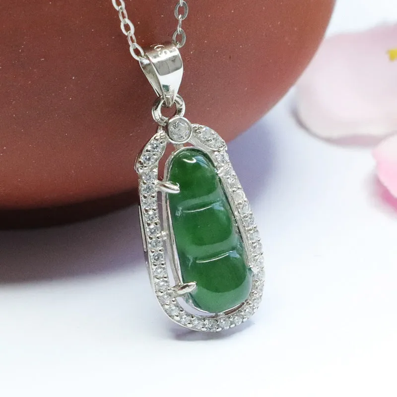 Green Jade Bean Pendant Necklace in Sterling Silver