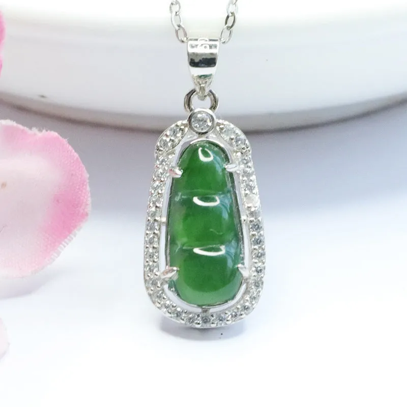 Green Jade Bean Pendant Necklace in Sterling Silver