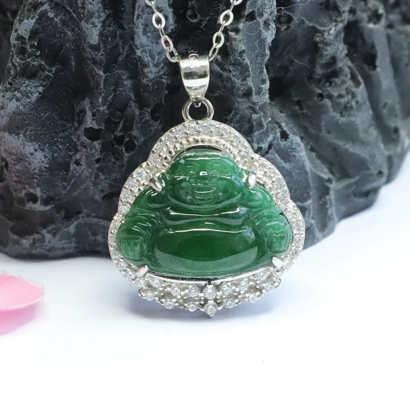 Green Jade Buddha Necklace with Zircon Accents