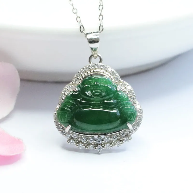 Green Jade Buddha Necklace with Zircon Accents