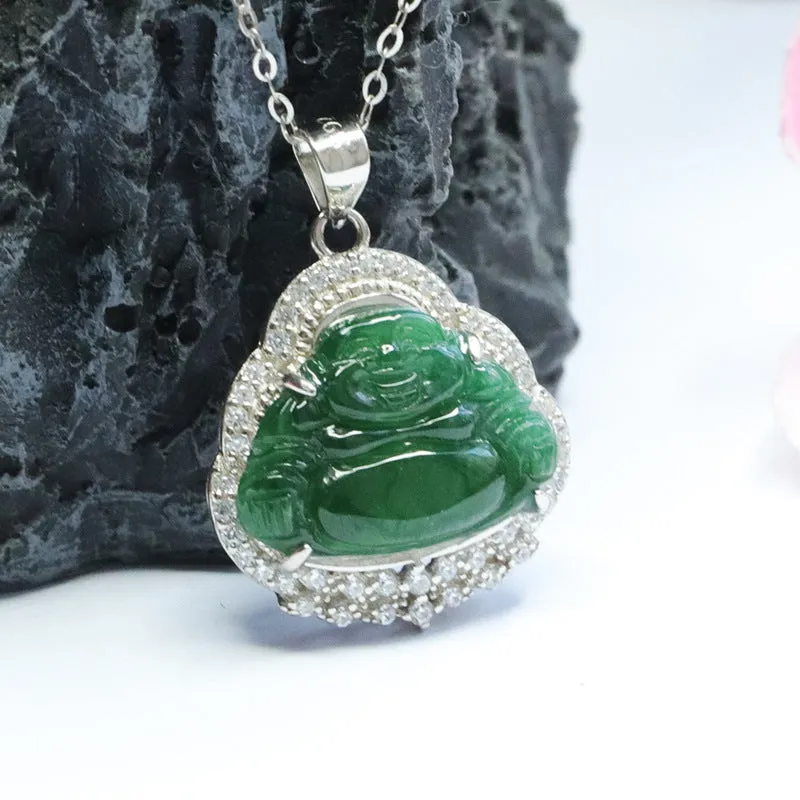 Green Jade Buddha Necklace with Zircon Accents