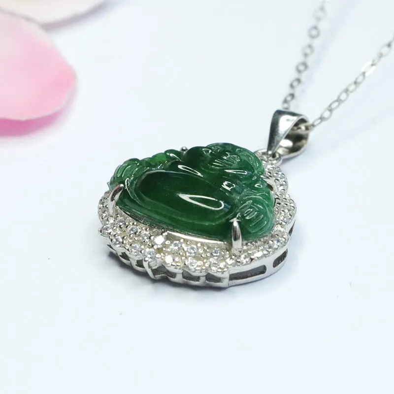 Green Jade Buddha Necklace with Zircon Accents