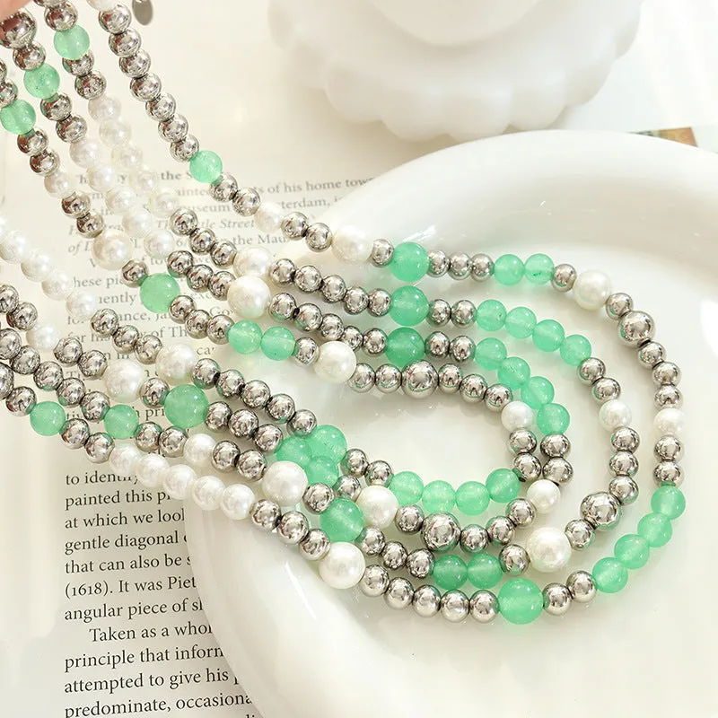 Green Jade Pearl Silver Beads Necklace