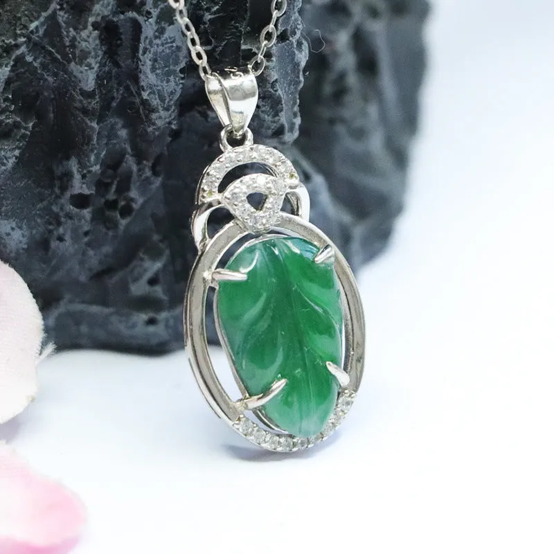 Green Leaf Jade Necklace with Sterling Silver Pendant