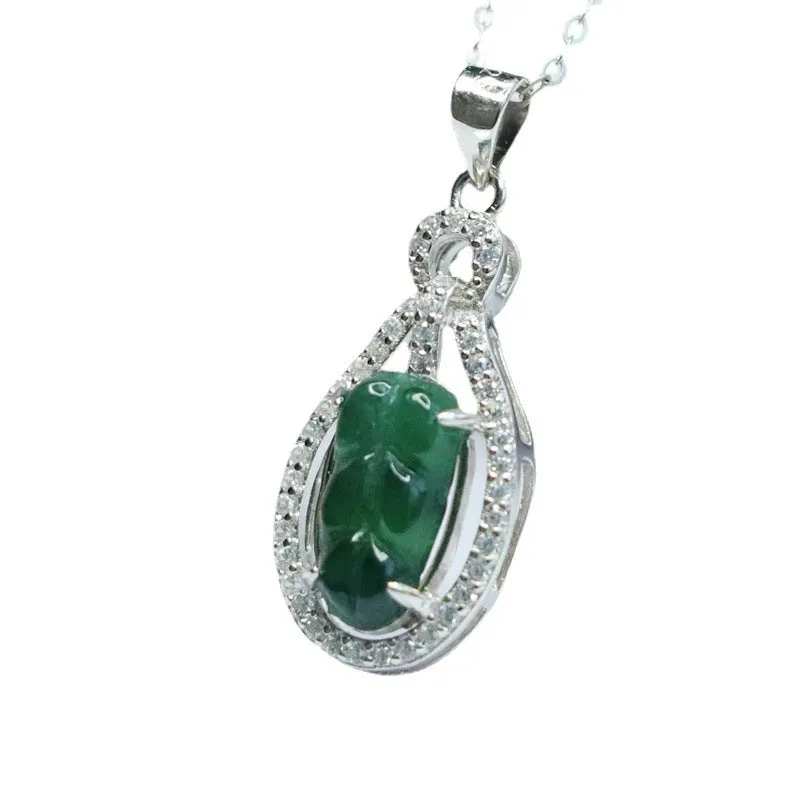 Green Leaf Jade Necklace with Sterling Silver Pendant