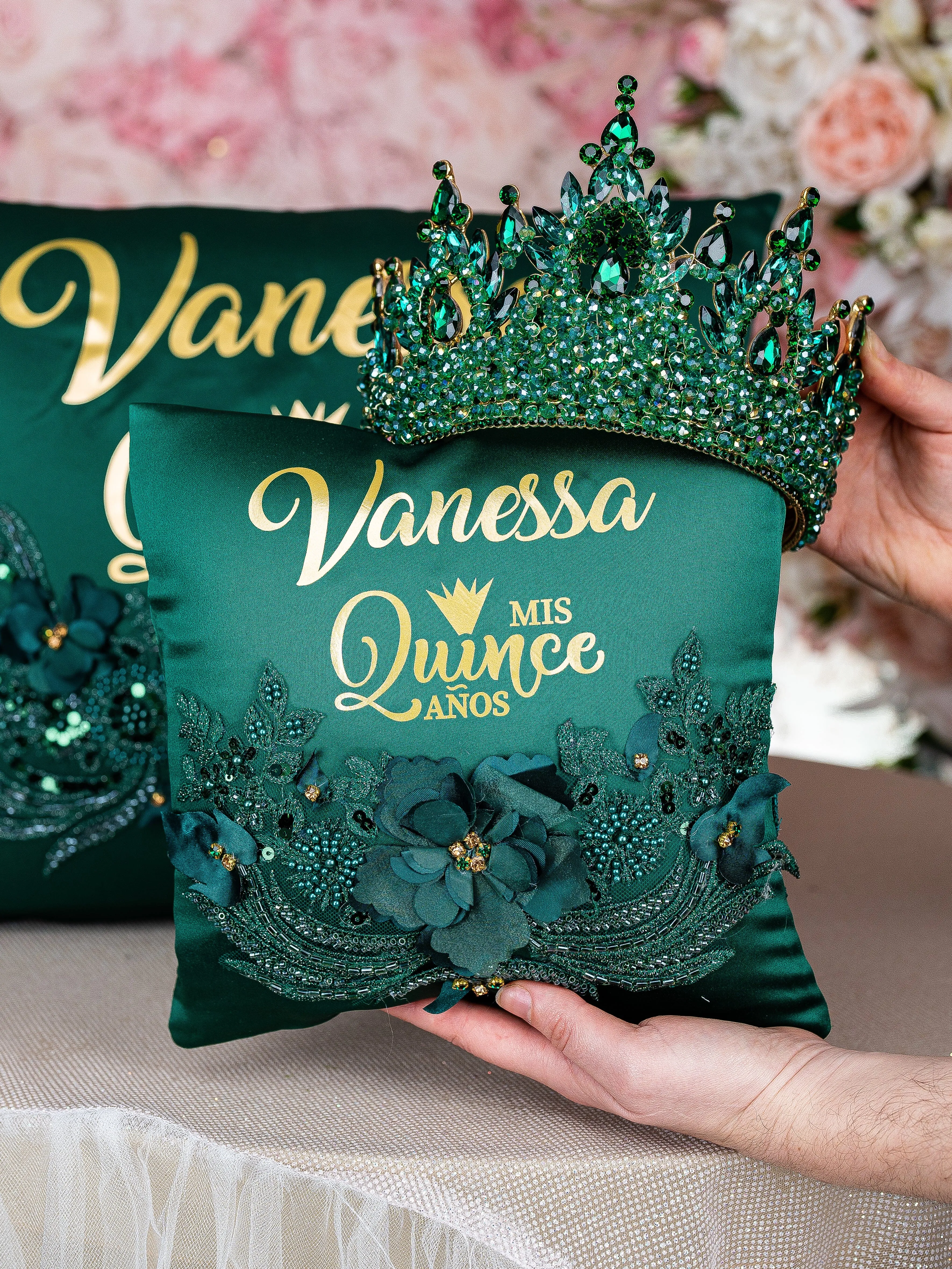 Green Quinceanera crown and tiara pillow