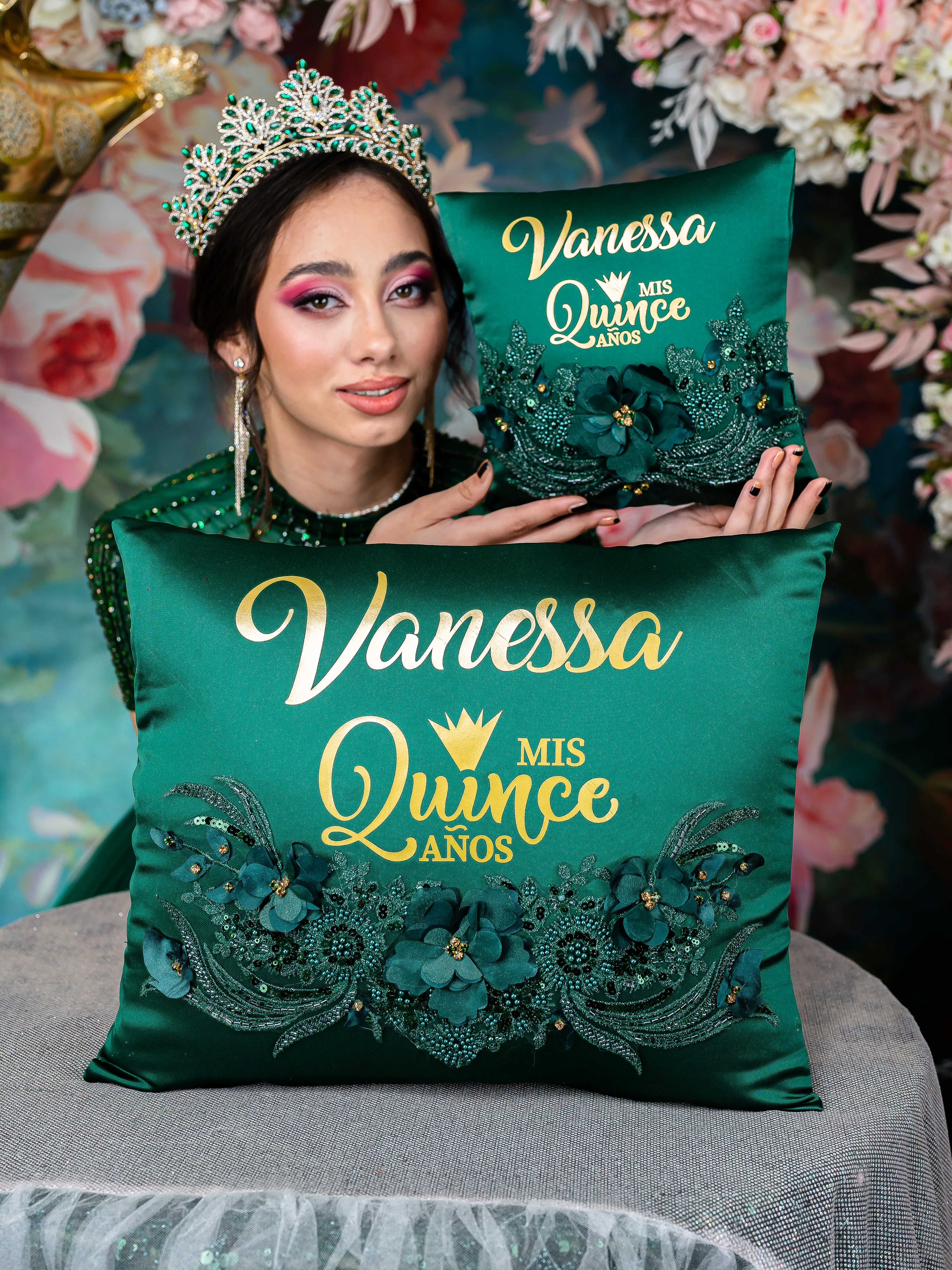 Green Quinceanera crown and tiara pillow