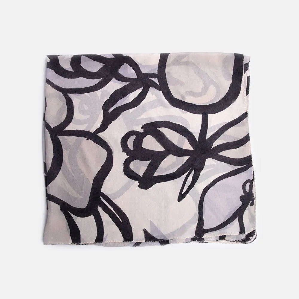 Grey Rose Long Silk Scarf