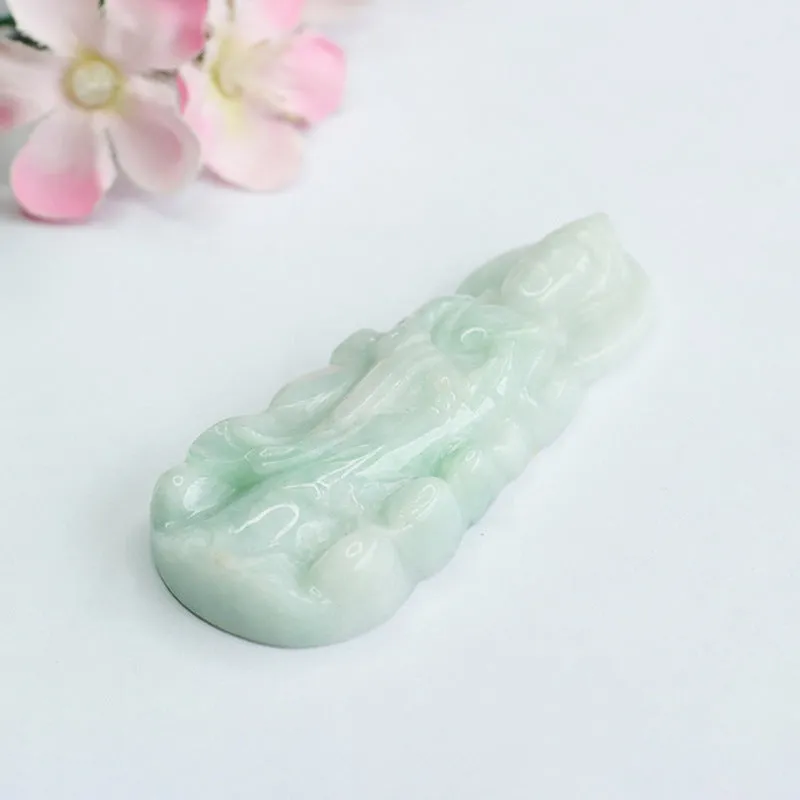 Guardian Goddess of Fortune: Sterling Silver Jade Flower Standing Guanyin Pendant