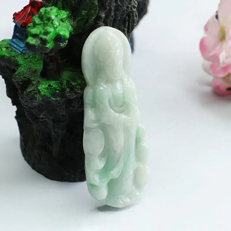 Guardian Goddess of Fortune: Sterling Silver Jade Flower Standing Guanyin Pendant