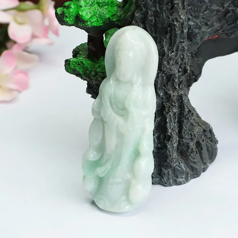 Guardian Goddess of Fortune: Sterling Silver Jade Flower Standing Guanyin Pendant