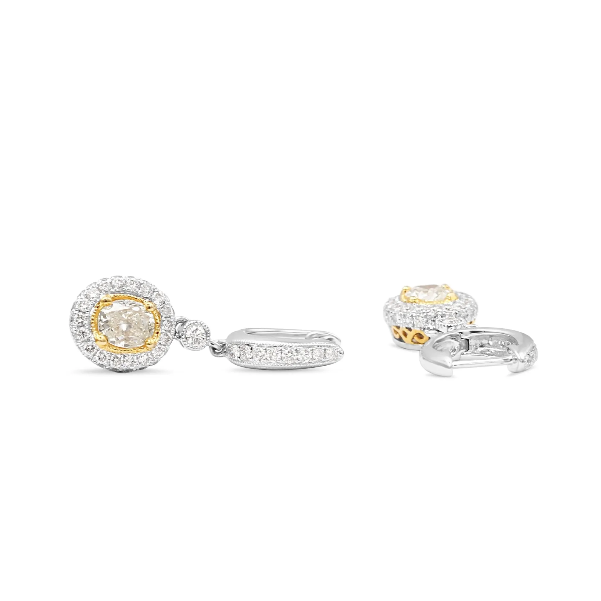 Halo Design Fancy Yellow Diamond Drop Earrings - 18ct Gold