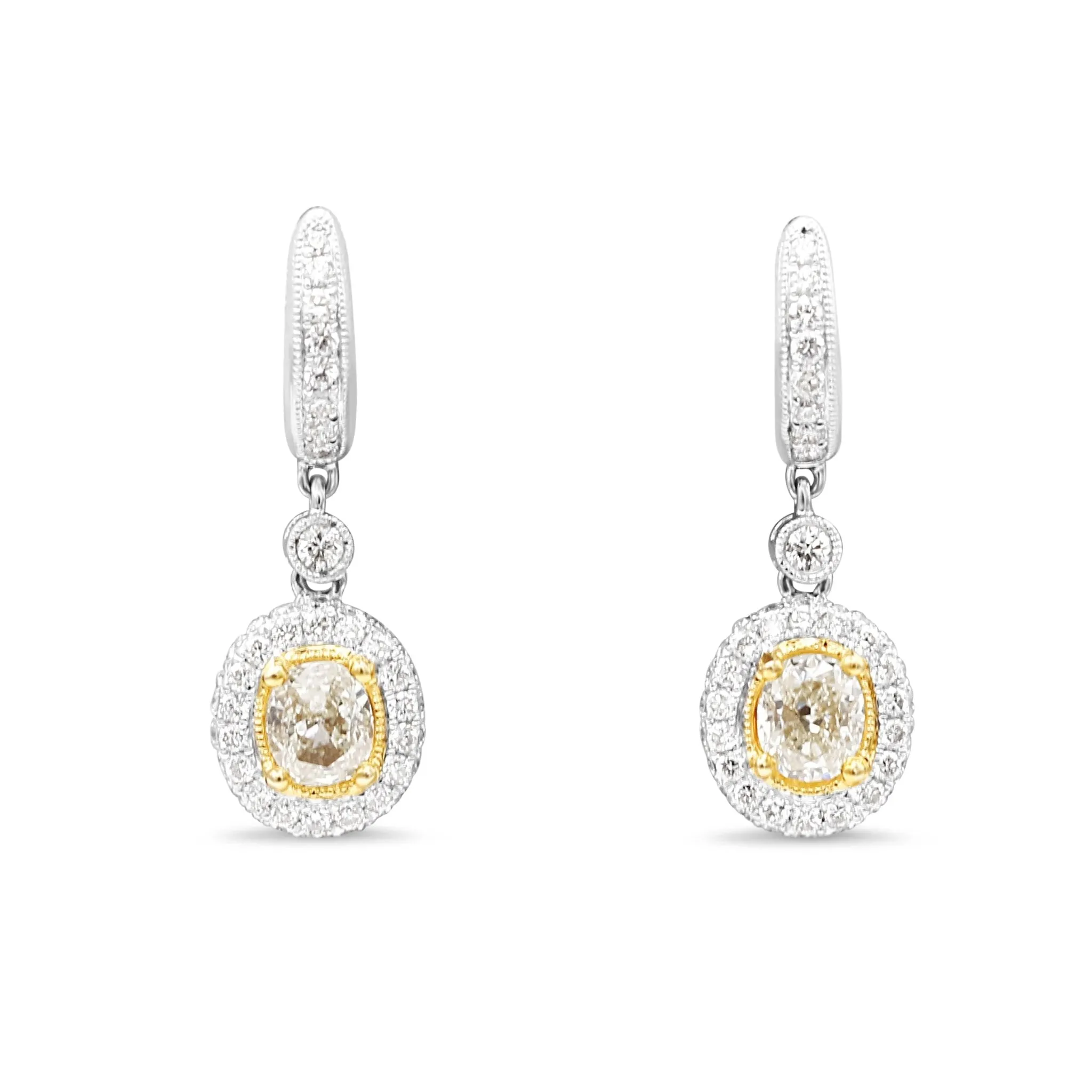 Halo Design Fancy Yellow Diamond Drop Earrings - 18ct Gold