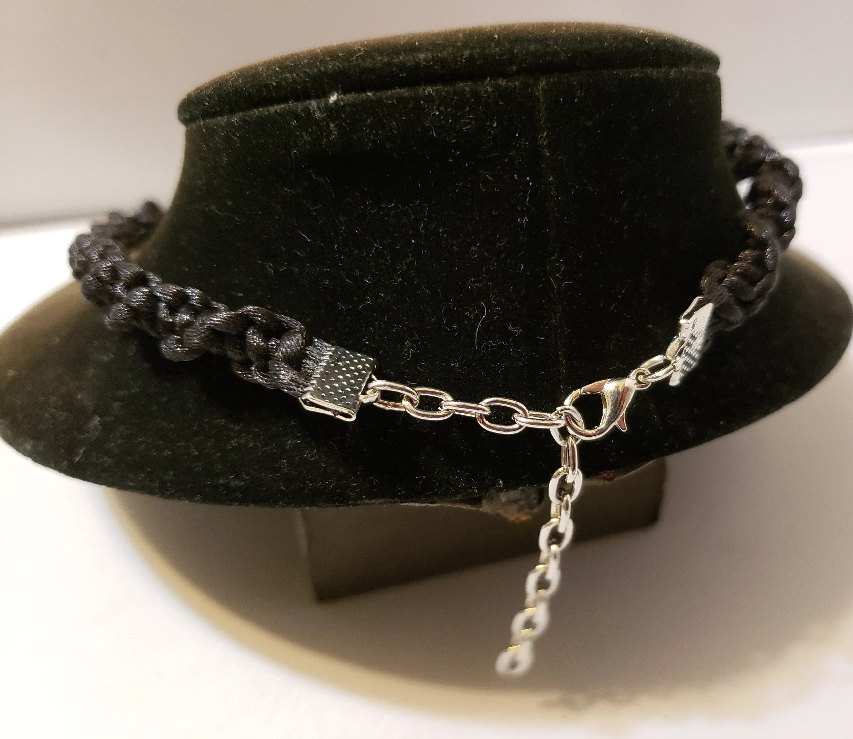 Hand Crafted Black Nylon "Twist Braid" Necklace with Carved Blue Jade & Austrian Crystal, Adjustable 14.5"-16" with Stainless Steel Chain & Clasp