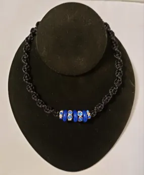 Hand Crafted Black Nylon "Twist Braid" Necklace with Carved Blue Jade & Austrian Crystal, Adjustable 14.5"-16" with Stainless Steel Chain & Clasp