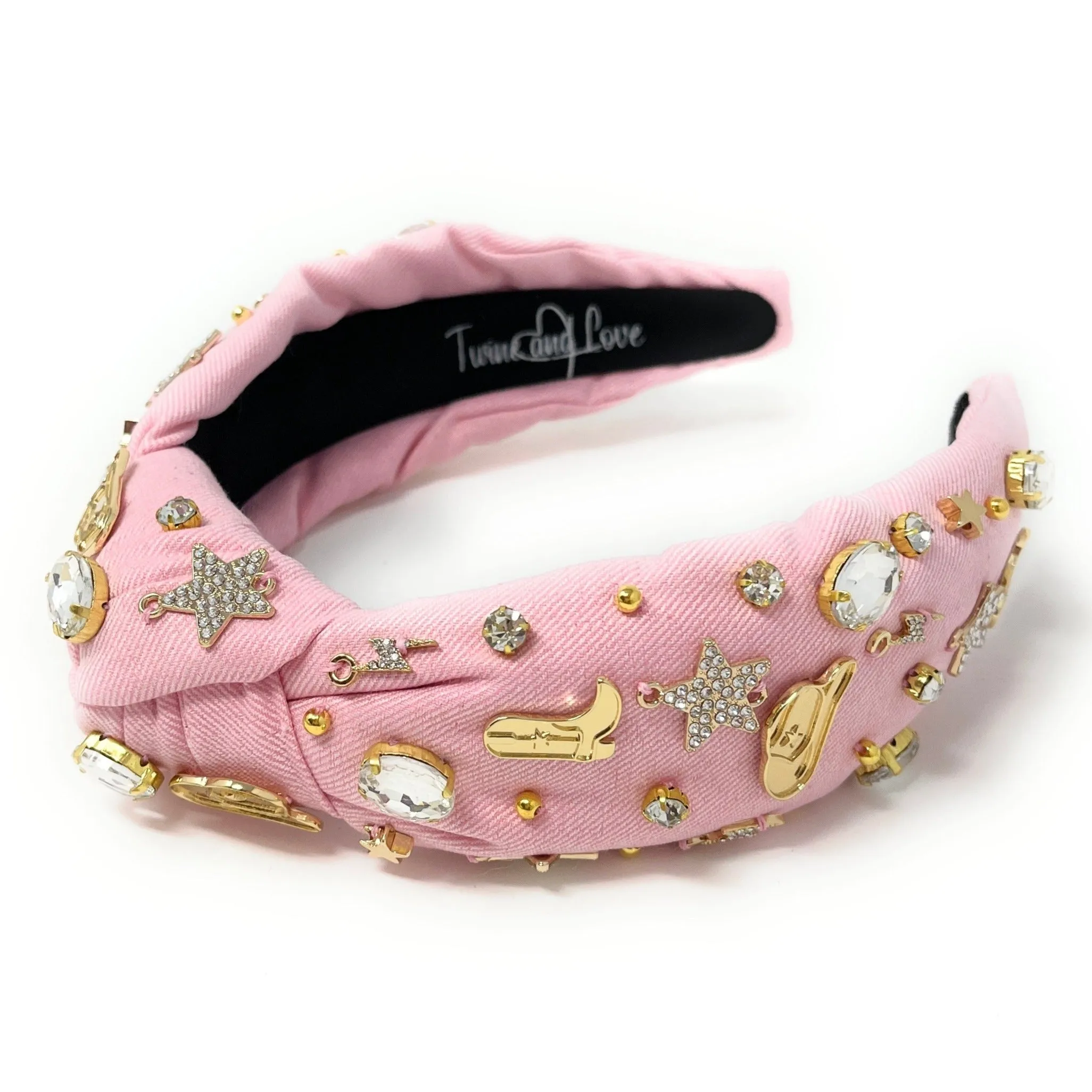 Hand Sewn Pink Lets Go Girls Jeweled Knot Headband