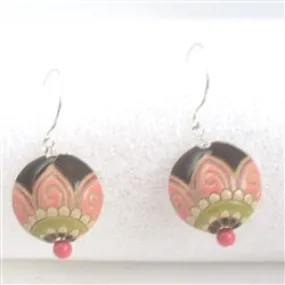 Handmade Brown & Pink Floral Ceramic Earrings  Golem