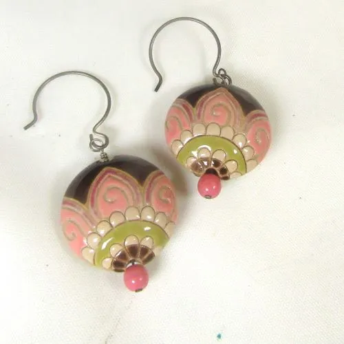 Handmade Brown & Pink Floral Ceramic Earrings  Golem