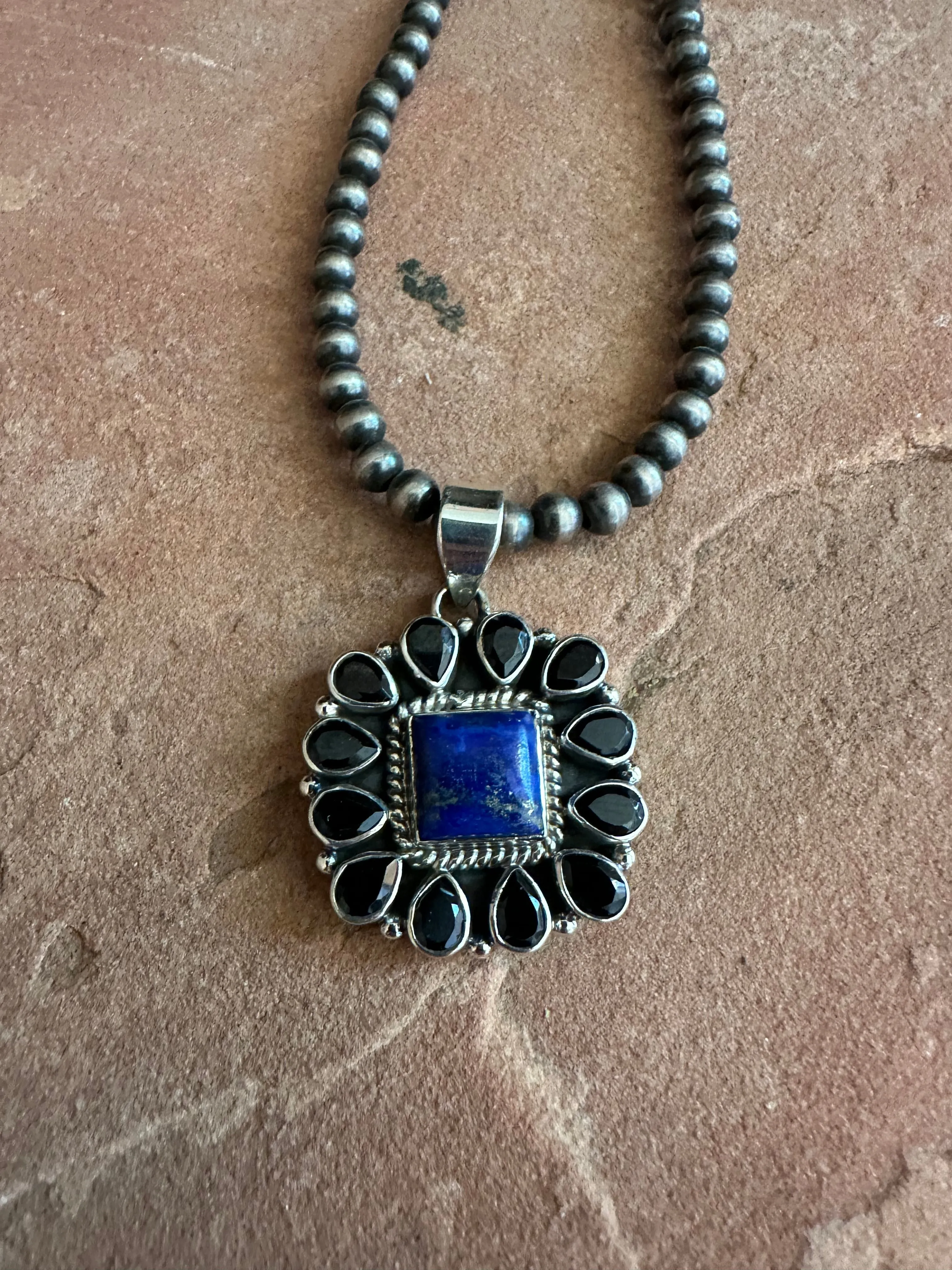 Handmade Lapis, Onyx & Sterling Silver Pendant