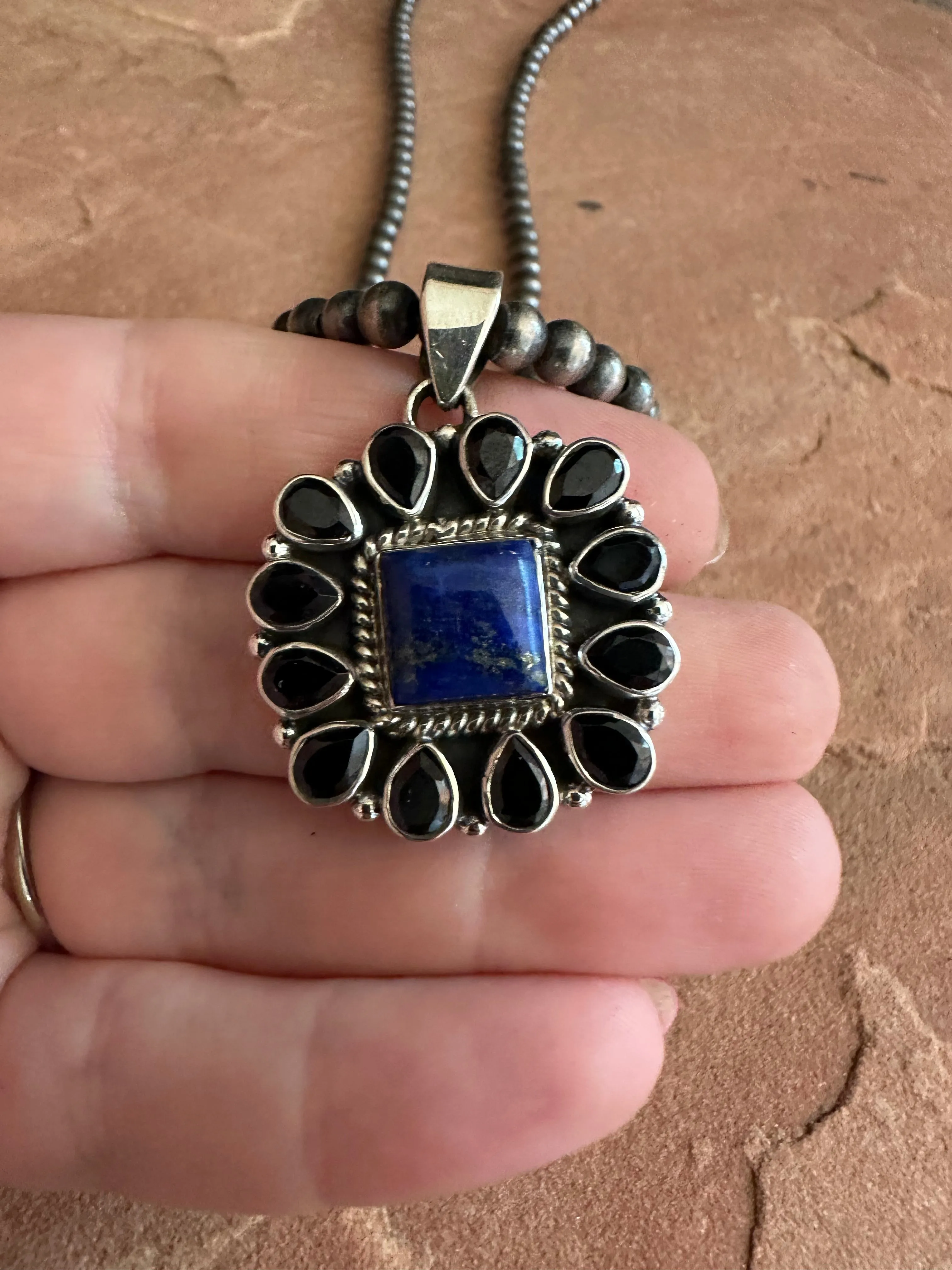 Handmade Lapis, Onyx & Sterling Silver Pendant